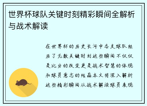 世界杯球队关键时刻精彩瞬间全解析与战术解读
